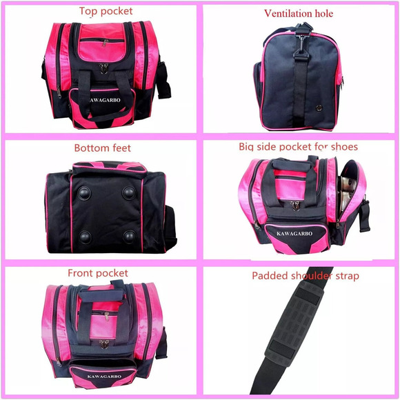 Bowling Bag for Single Ball - Tote with Large, Black/Pink - Picture 3 of 5